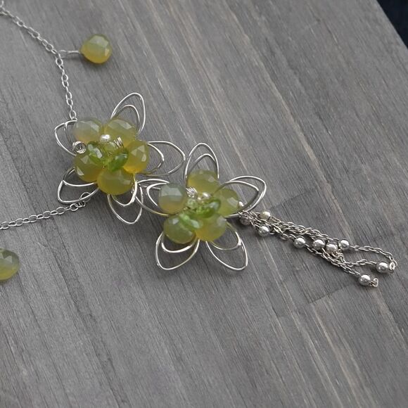 Hand Wrought Sterling Silver Flower Tassel Necklace Green Faceted Beads  Pearls - Picture 13 of 13